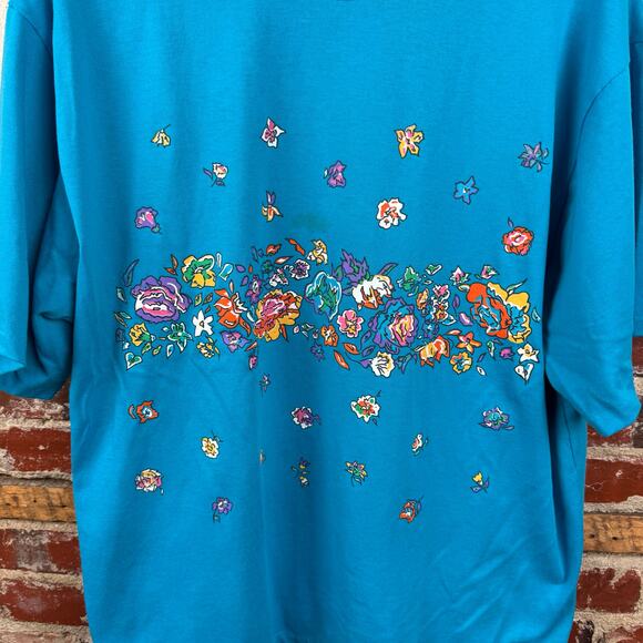 Vintage Flower Shirt Sz XL Blue Single Stitch Crewneck Floral Leaves Casual 90s - Picture 5 of 9